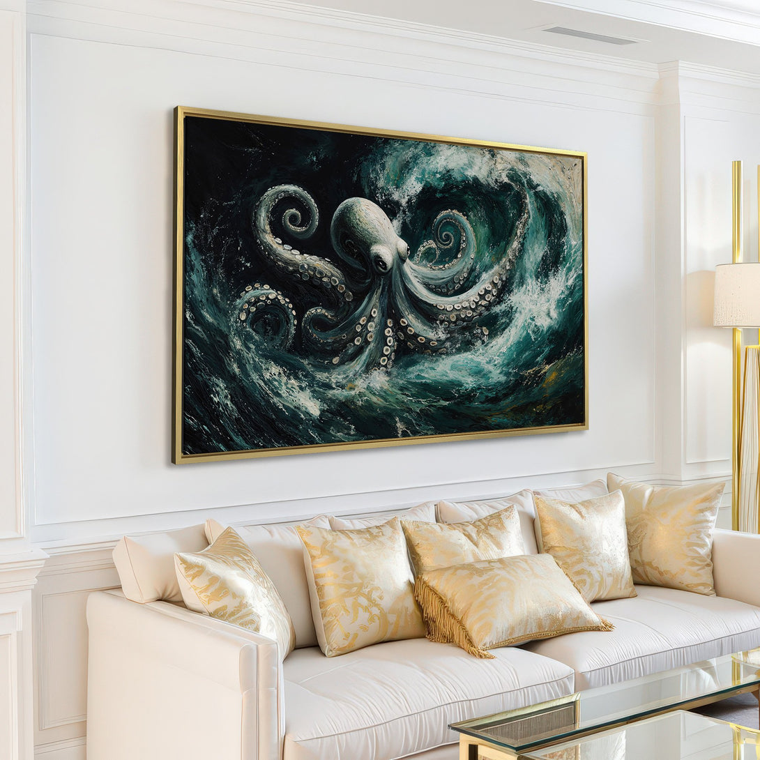 Canvas Print of an octopus in a swirling ocean, a stunning piece of wall art in teal and dark blue hues.