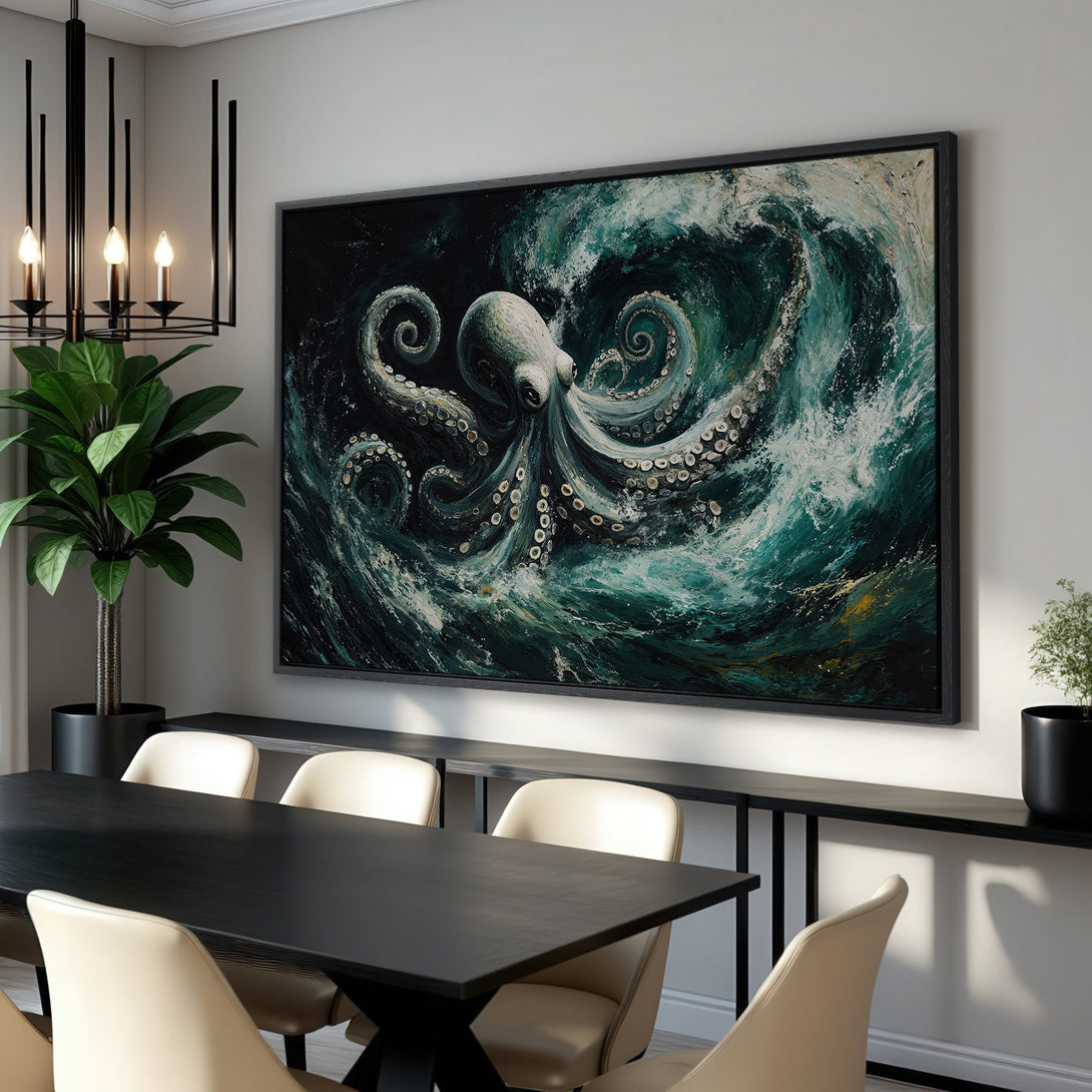 Framed Wall Art: Octopus Canvas Print in a modern interior. Abstract ocean art in teal and green hues. Elevate your home decor with this stunning piece.