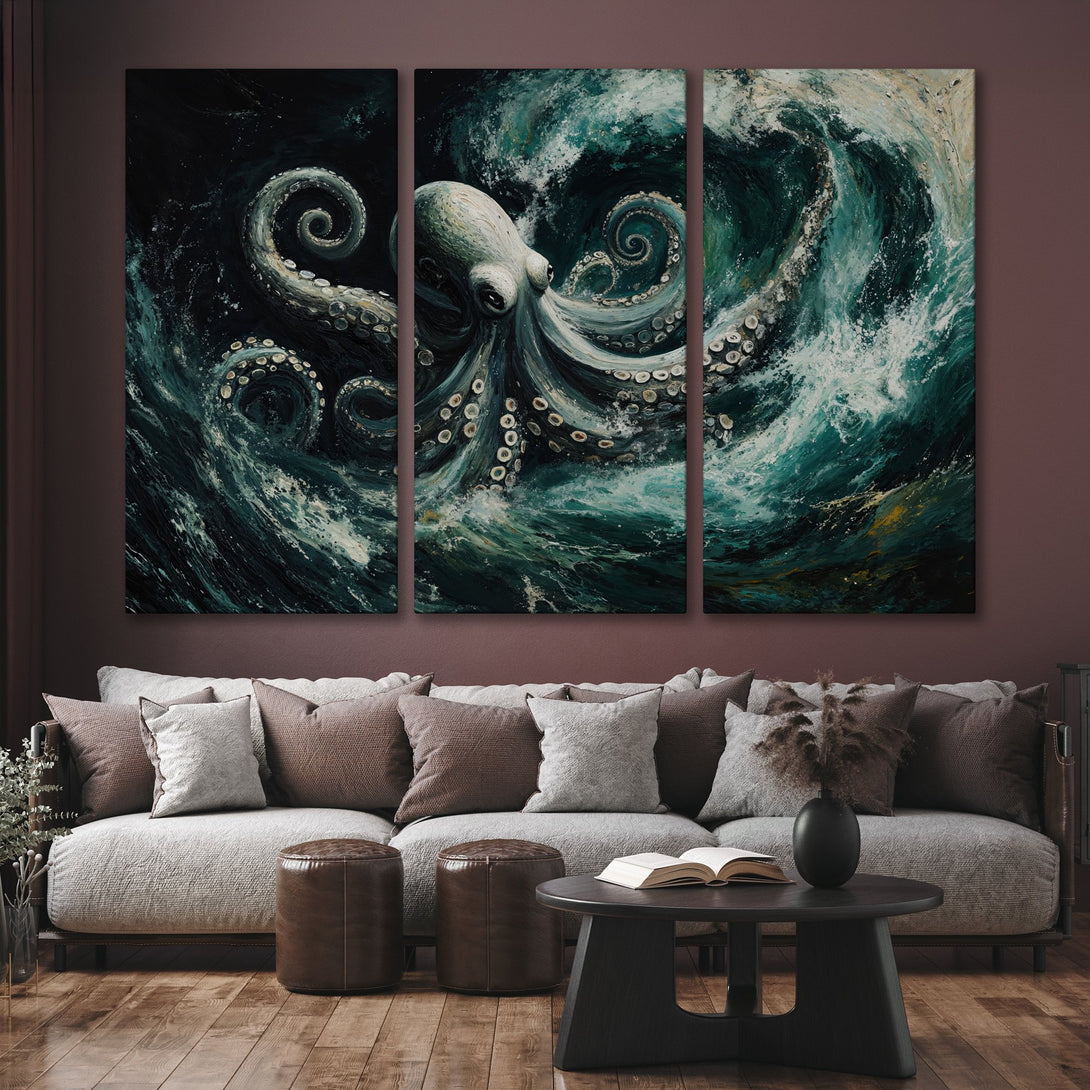 Canvas Print of an octopus in teal and dark hues, perfect for coastal decor. Dramatic, textured art for your living room.