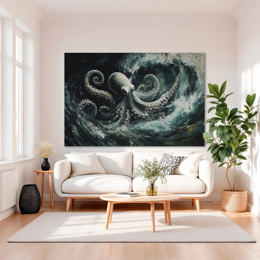 Framed Wall Art: Octopus painting in teal and black. Coastal art for living room. Modern canvas print with gold frame, adds elegance to any space.