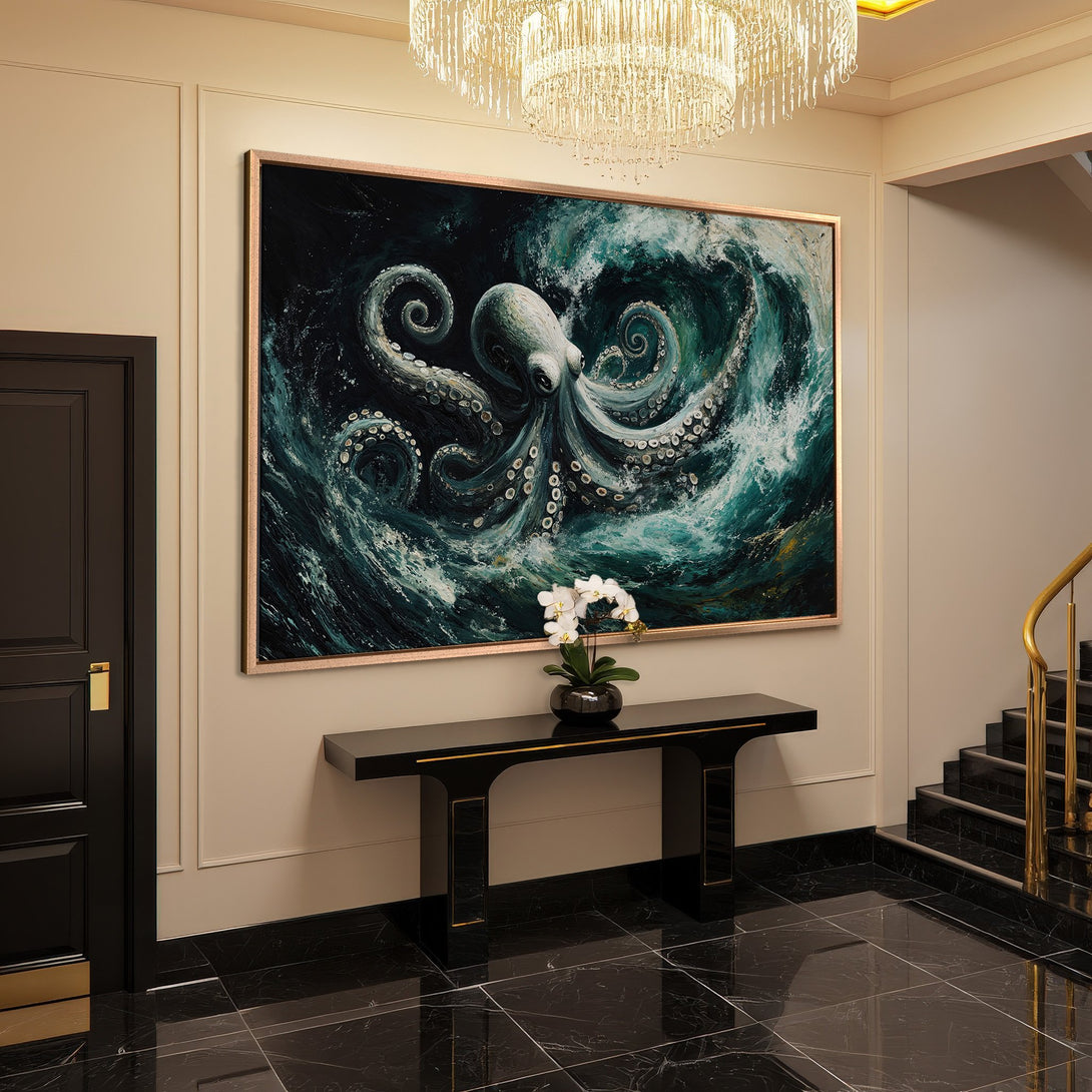 Framed Wall Art: Octopus painting in teal and black. Modern art canvas print adds coastal elegance to any interior space.
