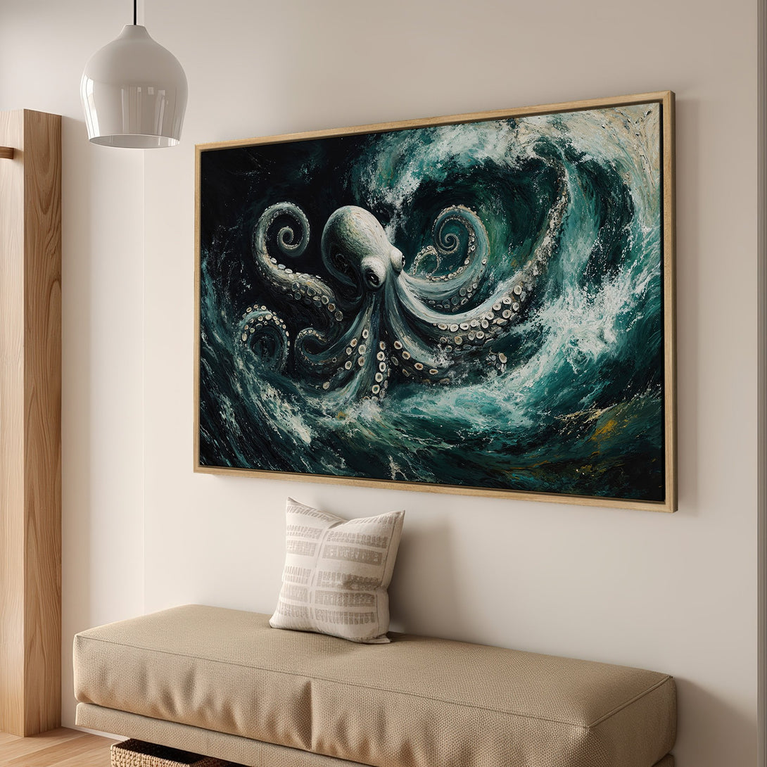 Framed Wall Art: Octopus painting in teal & green. Coastal style Canvas Print adds a bold statement to any room. Shop now for unique wall decor!