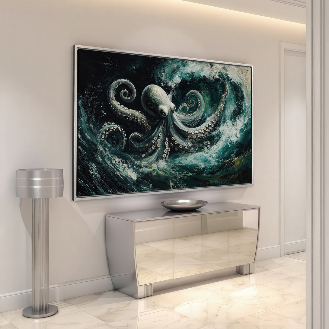Framed Wall Art: Octopus painting in teal and black, modern style. Perfect for coastal decor. Add a statement piece to your living room!
