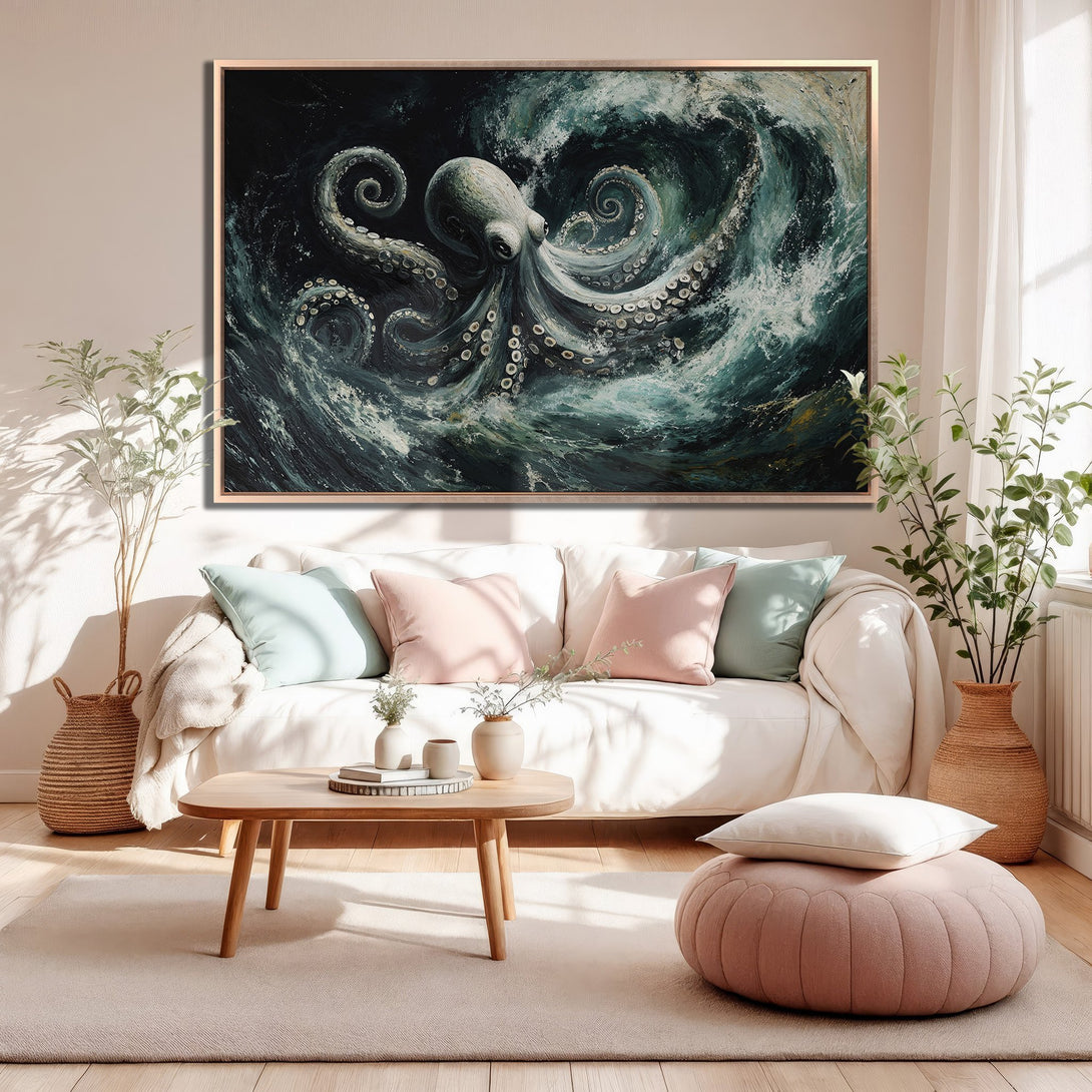 Framed Wall Art: Octopus painting in teal and dark tones. Abstract style canvas print for coastal decor. Adds a pop of color to any room.