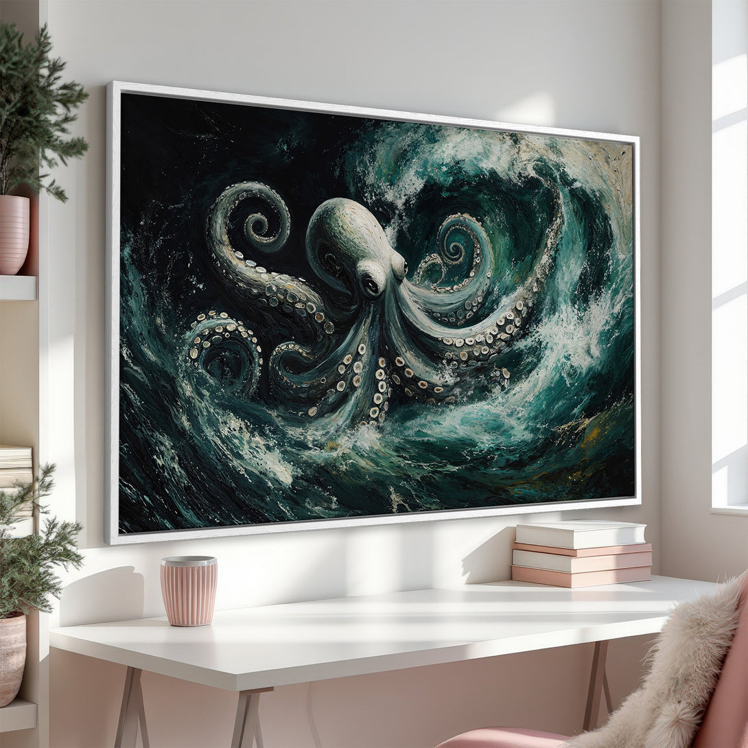 Framed Wall Art: Octopus painting in teal and dark green tones. Abstract style Canvas Print adds coastal elegance to any room.