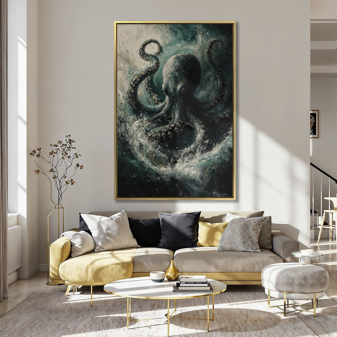 Canvas Print of an octopus in teal and white, displayed in a kitchen. Moody, artistic style with a dark, ocean-inspired color palette.