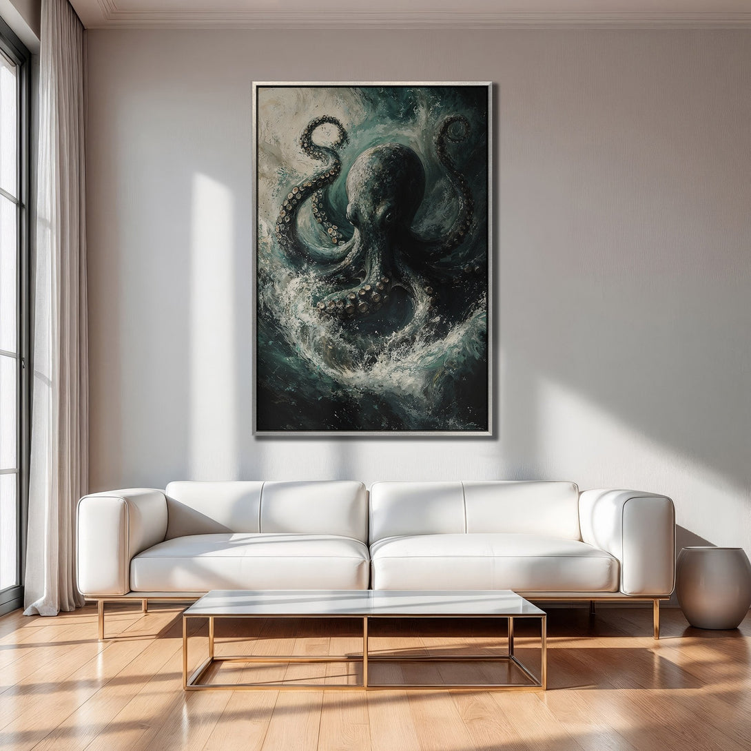 Framed Wall Art: Octopus painting in teal and gray tones. Modern art canvas print adds a unique touch to any interior.