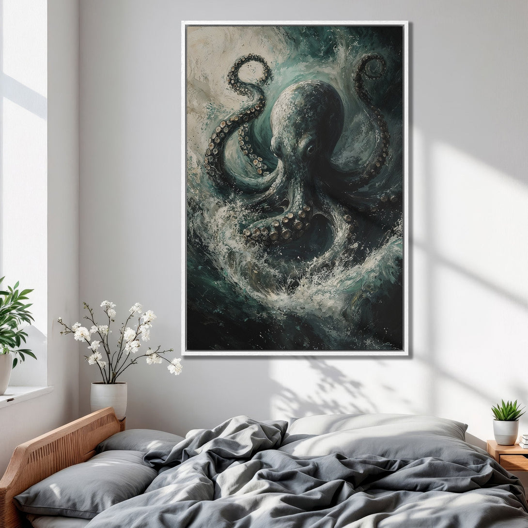 Framed Wall Art: Dramatic octopus painting in teal and gray tones. Coastal style Canvas Print adds a bold statement to bedroom decor.