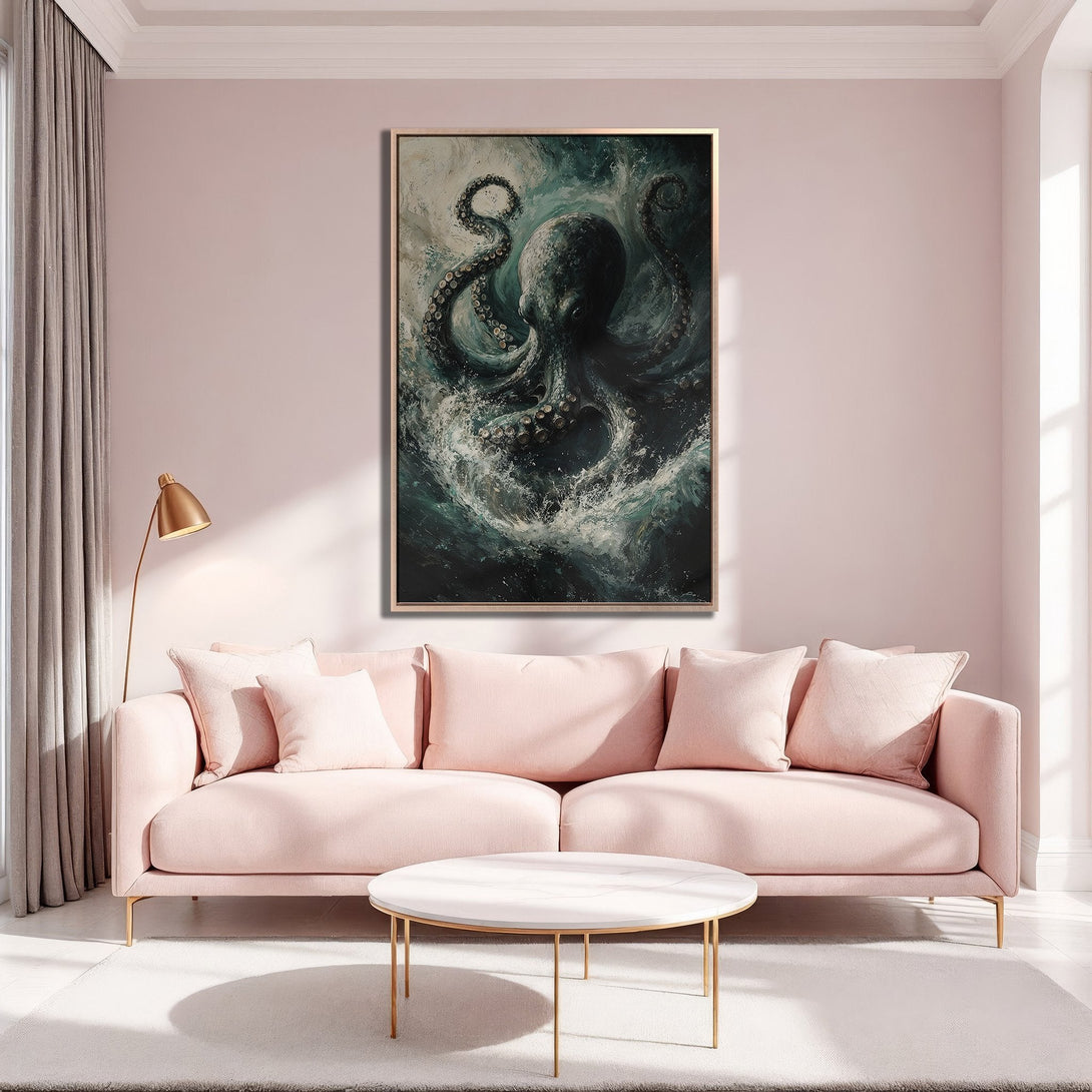 Framed Wall Art: Octopus painting in teal and gray tones. Modern art decor in a stylish living room with pink sofa and gold accents. Elevate your space!