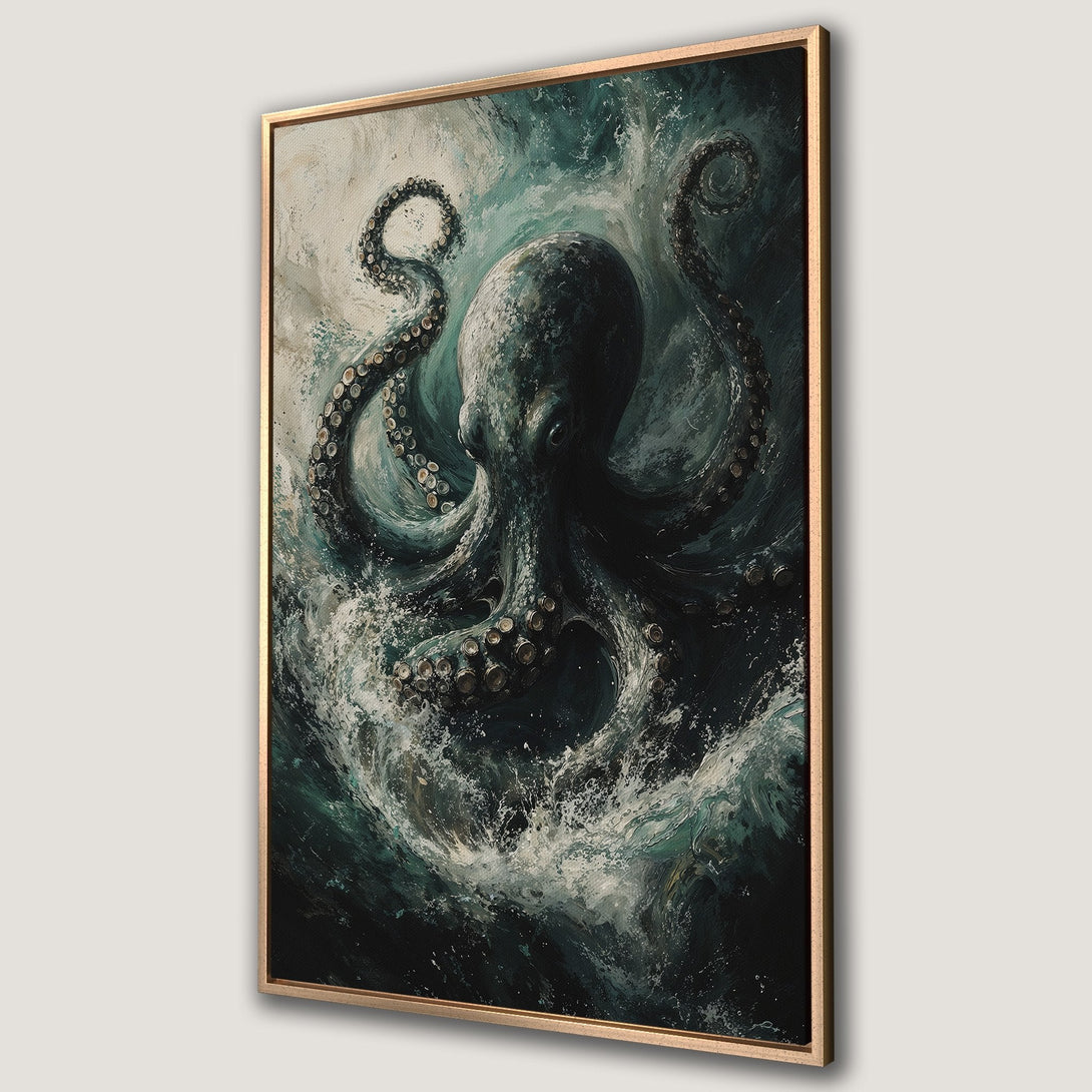 Framed Wall Art: Dramatic octopus painting in moody teal and gray tones. Perfect ocean-themed decor for your home! Elevate your space with this captivating artwork.