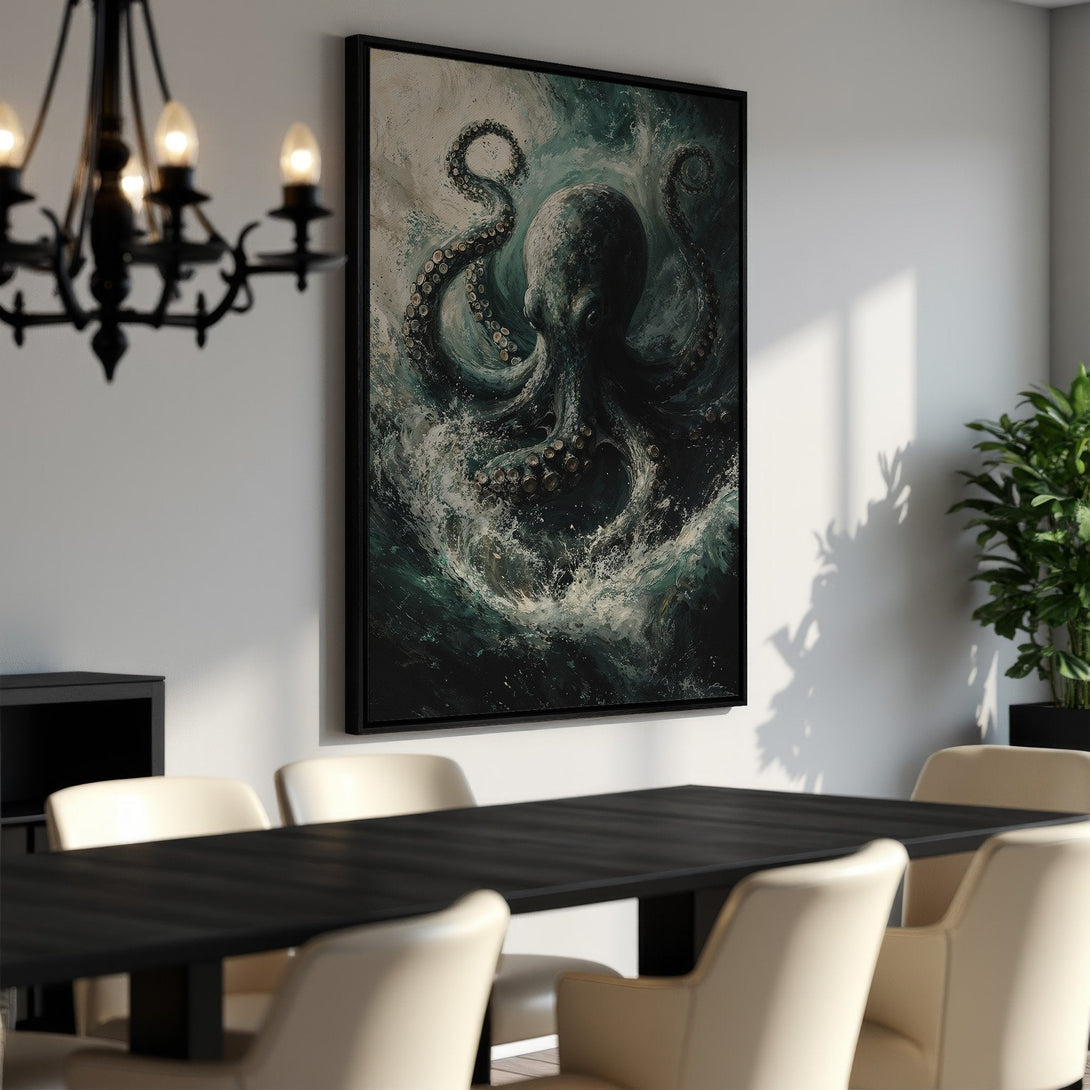 Framed Wall Art: Dramatic octopus painting in teal and black, perfect for modern decor. Canvas print adds a bold statement to any space.