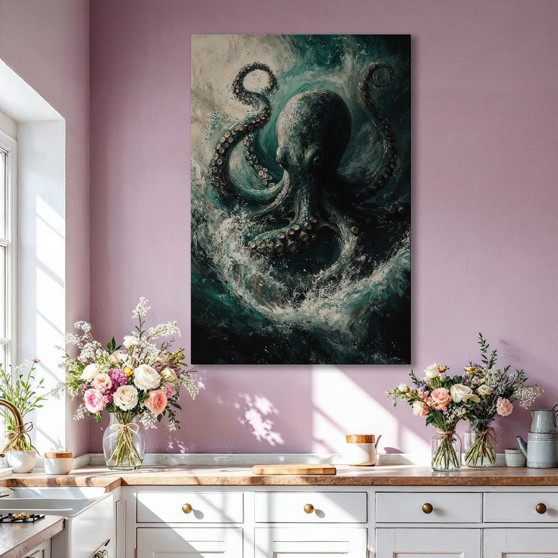 Framed Wall Art: Dramatic octopus painting in teal and black, adding a bold statement to a modern living room. Enhance your space with this striking canvas print.
