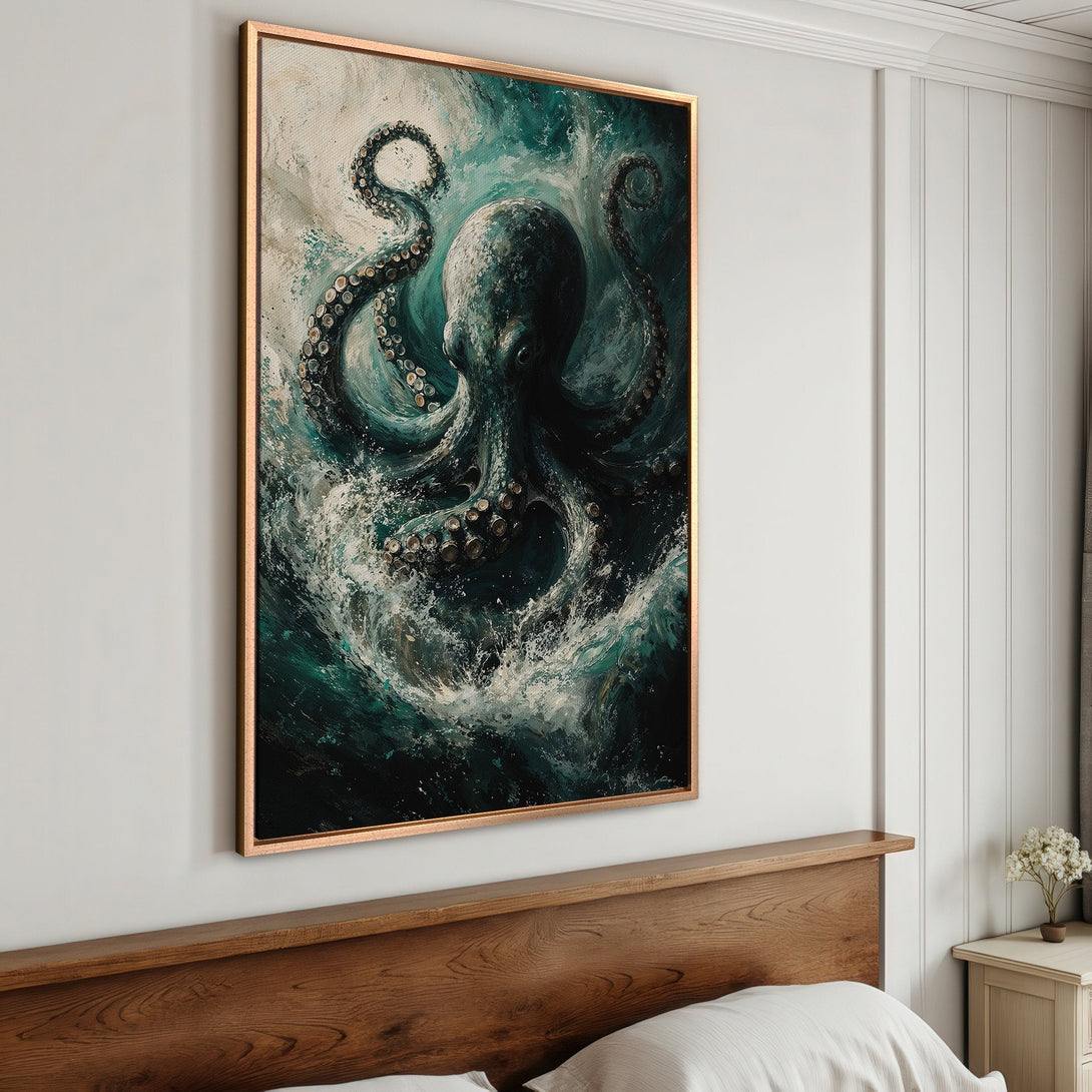 Framed Wall Art: Dramatic octopus painting in teal and white. Ocean-inspired artwork adds a bold statement to any space. Shop now for unique home decor!