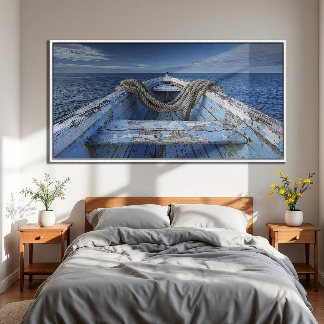Framed Wall Art: Boat on the ocean with blue and white tones. Coastal decor for bedroom. Canvas Print adds a tranquil touch.