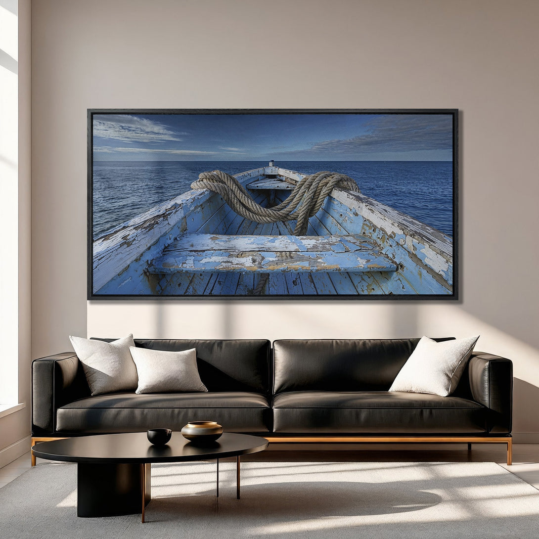 Framed Wall Art: Rustic boat on the sea. Coastal style Canvas Print with blue and white color palette, perfect for living room decor.
