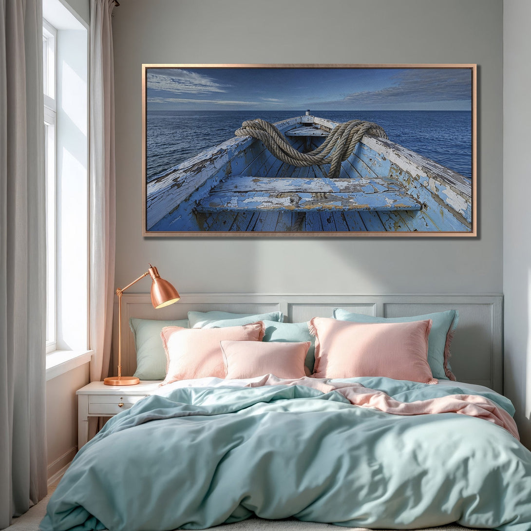 Framed Wall Art: Coastal boat scene in blue and neutral tones. Perfect for bedroom decor! Add a touch of serenity with this Canvas Print.