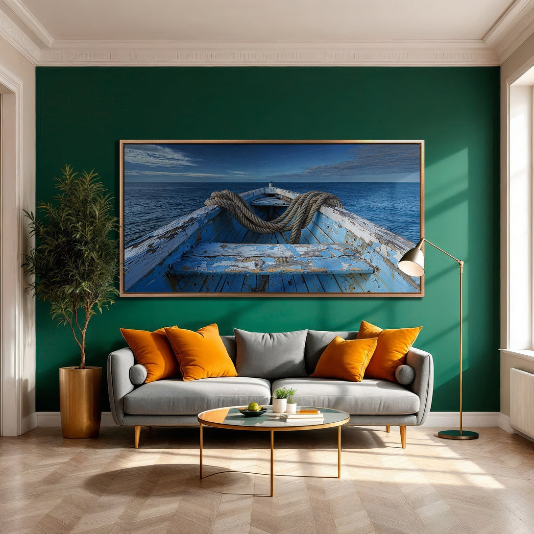 Framed Wall Art: Coastal boat scene in blue tones, displayed in a modern living room with green walls and orange accents. Enhance your home decor!