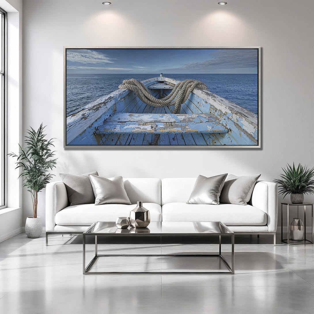 Framed Wall Art: Coastal boat scene in blue and neutral tones. Add a touch of nautical charm to your home with this stunning canvas print.