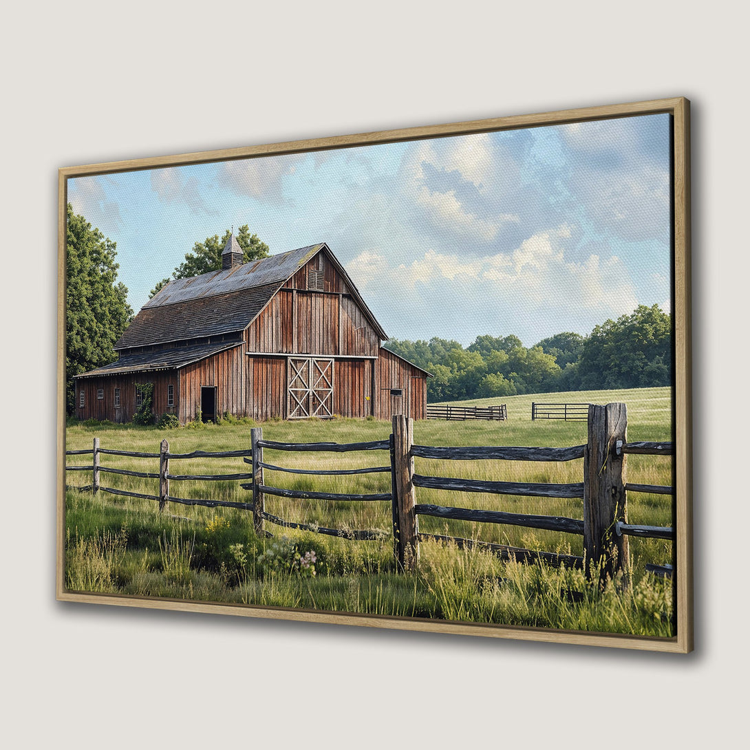 Canvas Print of a rustic barn landscape. Warm earth tones and a serene, natural style. Perfect Framed Wall Art for your home!