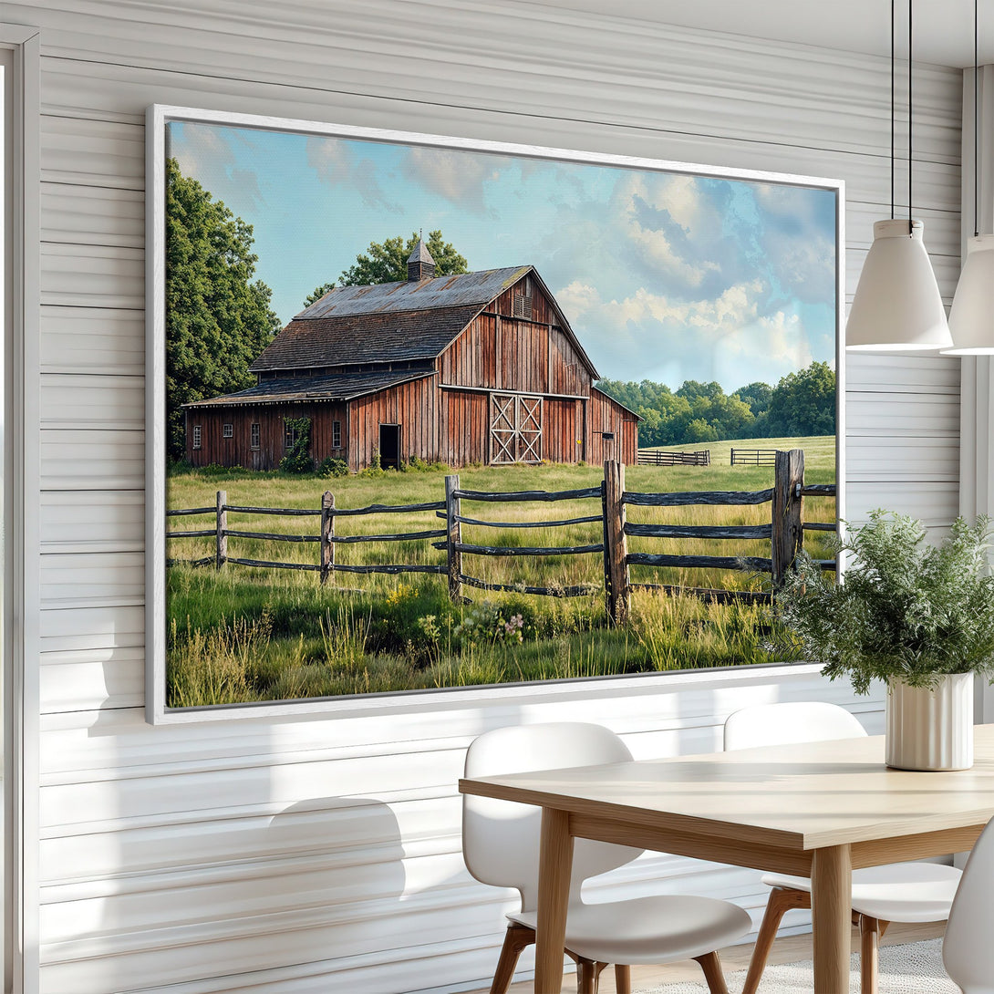Framed Wall Art: Rustic barn scene canvas print in warm earth tones. Perfect farmhouse decor for living room or dining area.