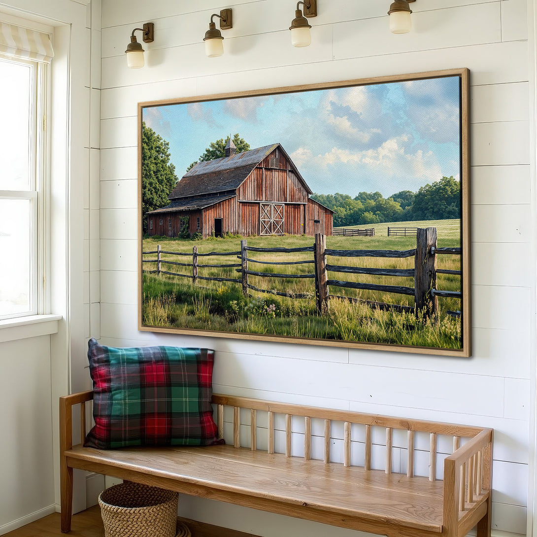 Framed Wall Art: Rustic barn landscape Canvas Print in warm tones. Perfect farmhouse decor with a serene, natural color palette.
