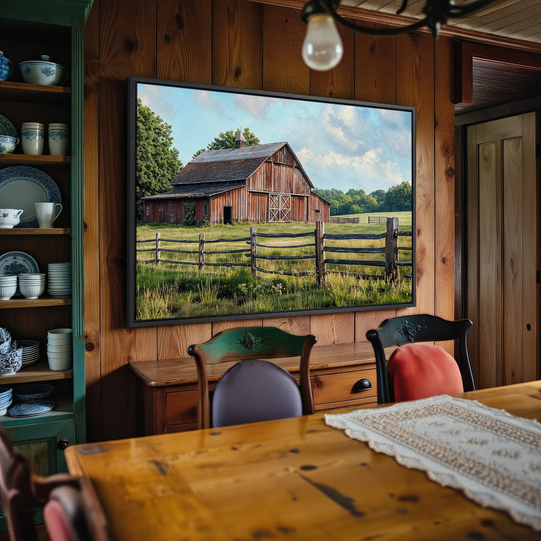 Framed Wall Art: Rustic barn scene in warm earth tones. Landscape Canvas Print adds cozy farmhouse charm to any room. Shop now!