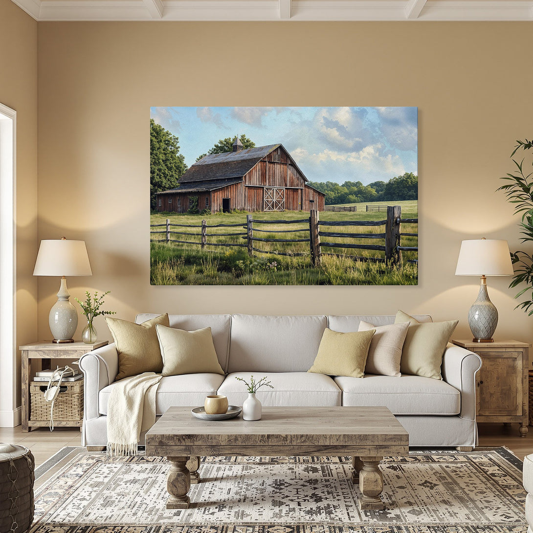 Framed Wall Art: Rustic barn landscape in warm tones. Bring the charm of the countryside into your home with this beautiful canvas print.