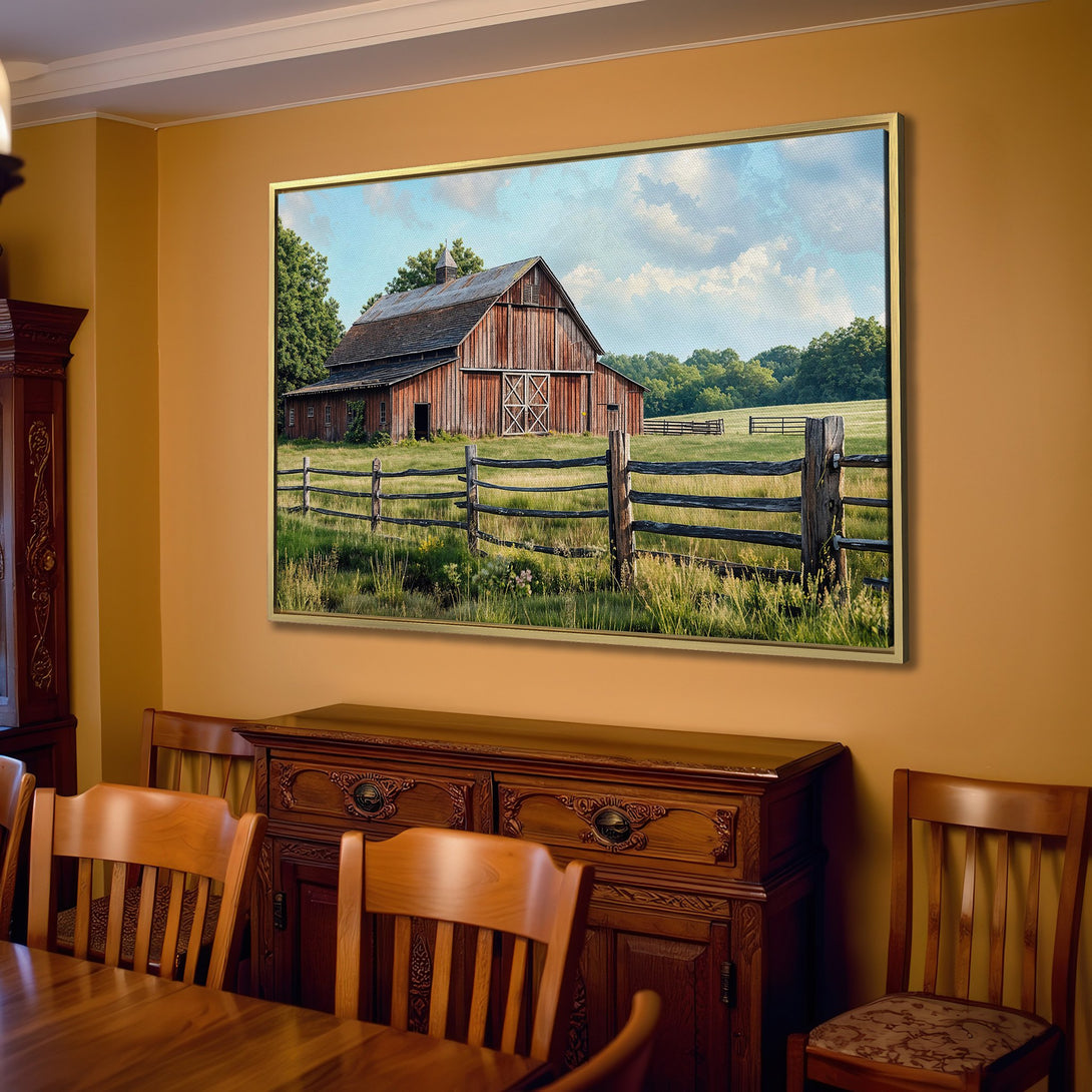 Canvas Print of a rustic barn landscape in warm earth tones. Perfect farmhouse decor for your living room.