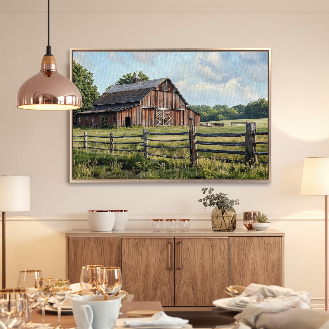 Framed Wall Art: Rustic barn landscape in warm tones. Bring the charm of the countryside into your home with this beautiful art print.