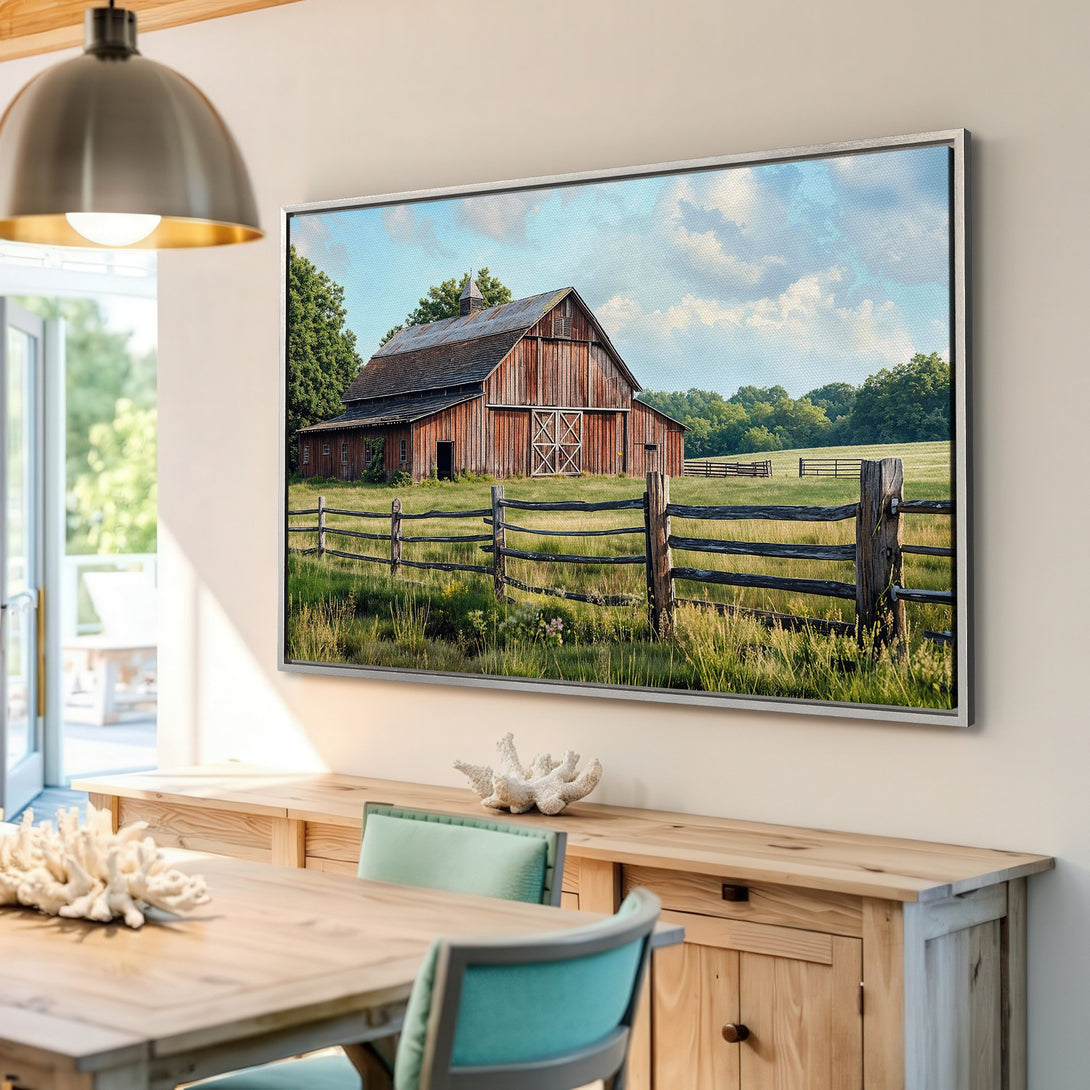 Framed Wall Art featuring a rustic barn landscape. Warm, inviting tones of red, green, and blue create a cozy, farmhouse-style aesthetic. Perfect for any home!