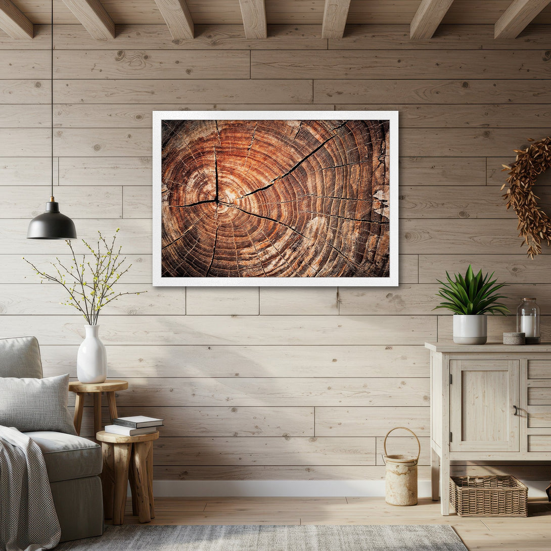 Framed Poster featuring a detailed wood grain pattern in warm brown tones, perfect for rustic decor. Add natural beauty to your space!