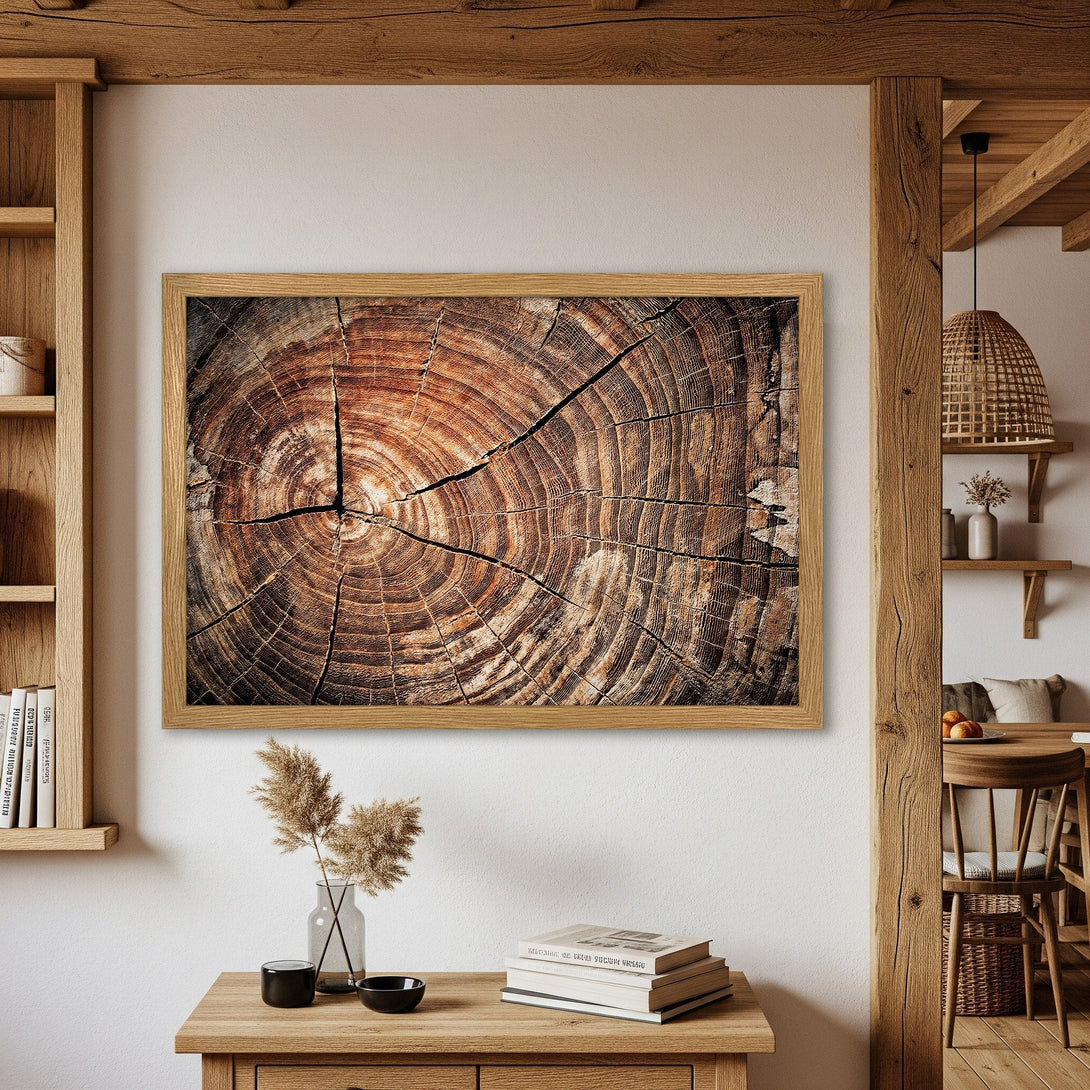 Framed Poster featuring a detailed wood grain design in warm brown tones, perfect for rustic decor.