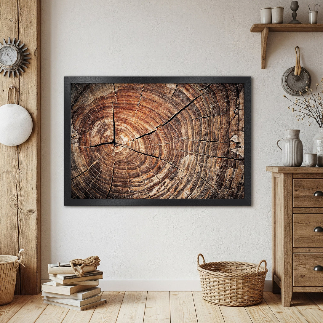 Framed Poster featuring a detailed wood grain design in warm brown tones, perfect for rustic decor.