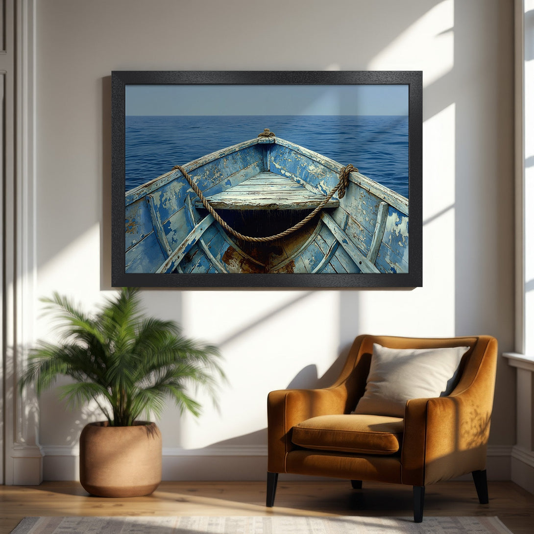 Framed Poster of a weathered blue boat on the sea. Coastal style art with a calming blue and neutral color palette. Perfect wall decor.