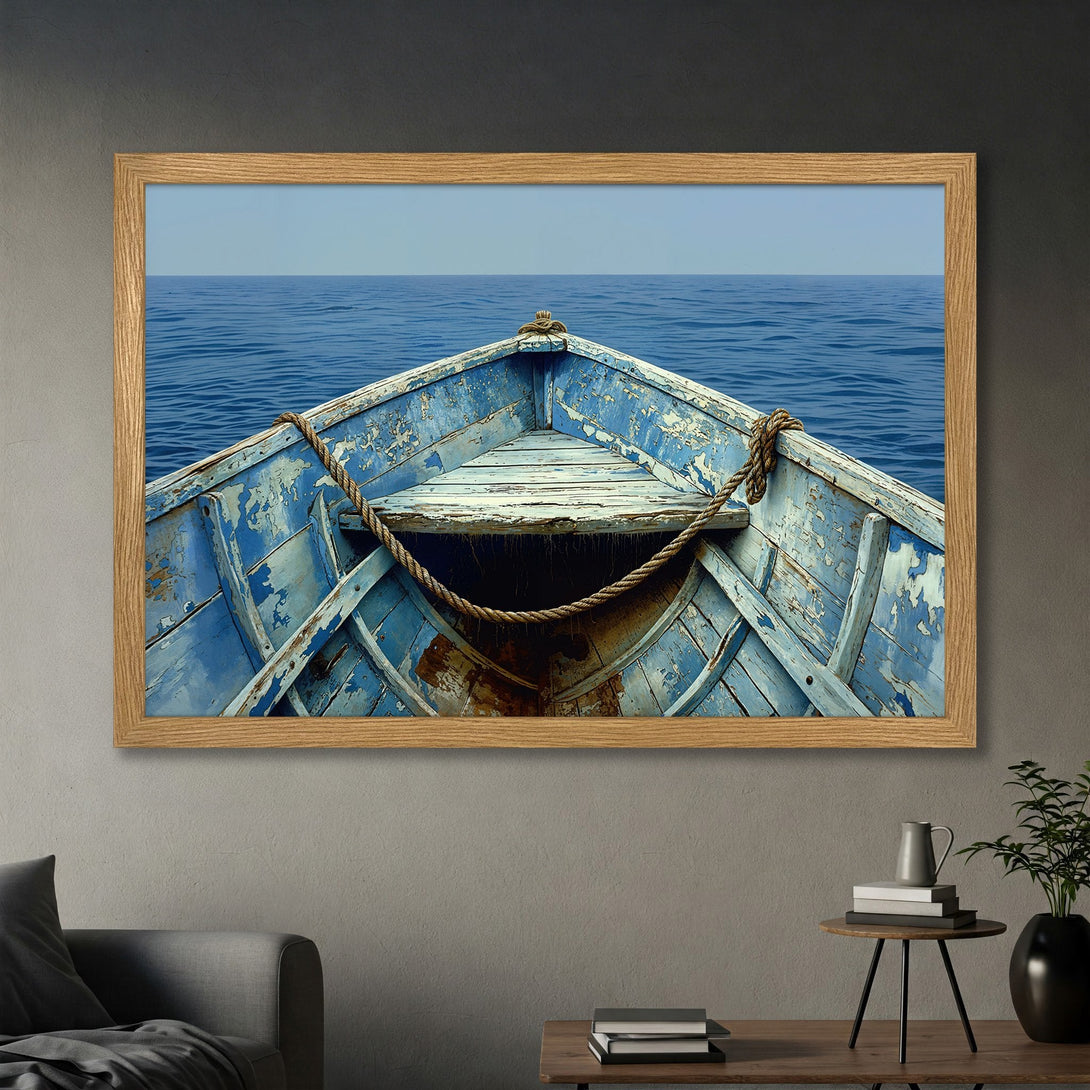 Framed Poster of a weathered blue boat on the sea. Coastal art print with a calming blue and neutral color palette. Perfect for home decor.