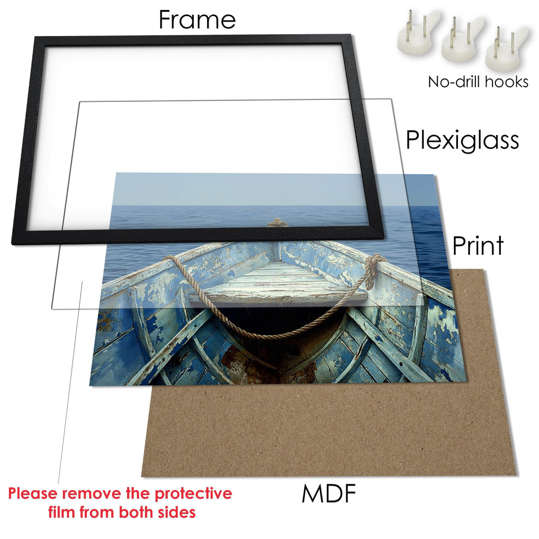 Framed Poster featuring a weathered blue boat on the sea. Coastal style, blue & neutral color palette. Perfect wall art.