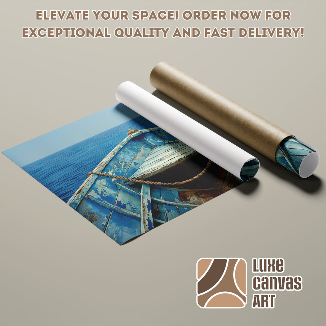 Poster Roll featuring a weathered blue boat on the sea, with a blue and brown color palette. Elevate your space today!