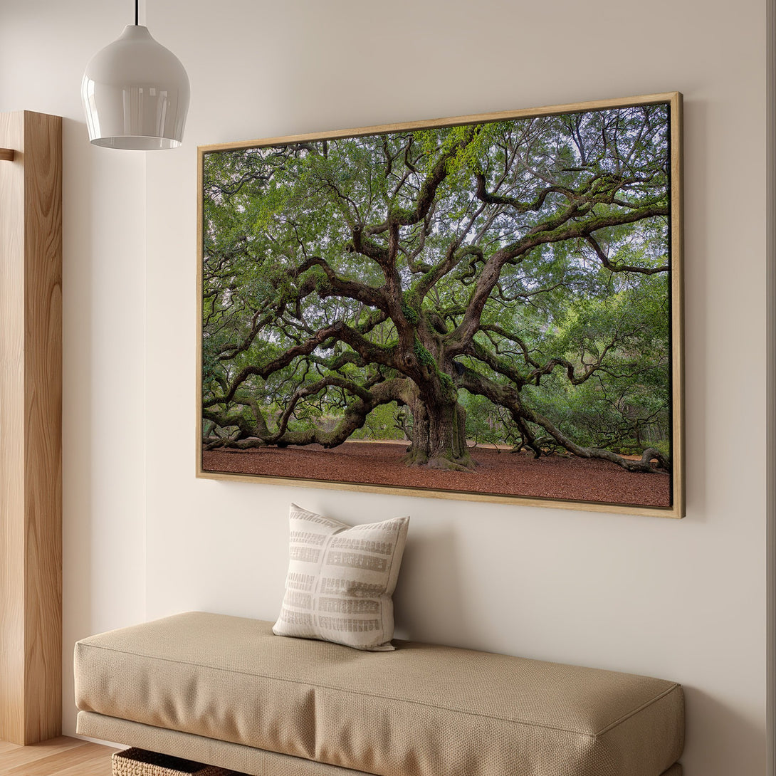 Framed Wall Art: Majestic tree canvas print. Earthy tones of green, brown, and beige create a calming nature scene for your home decor. Bring the outdoors in!