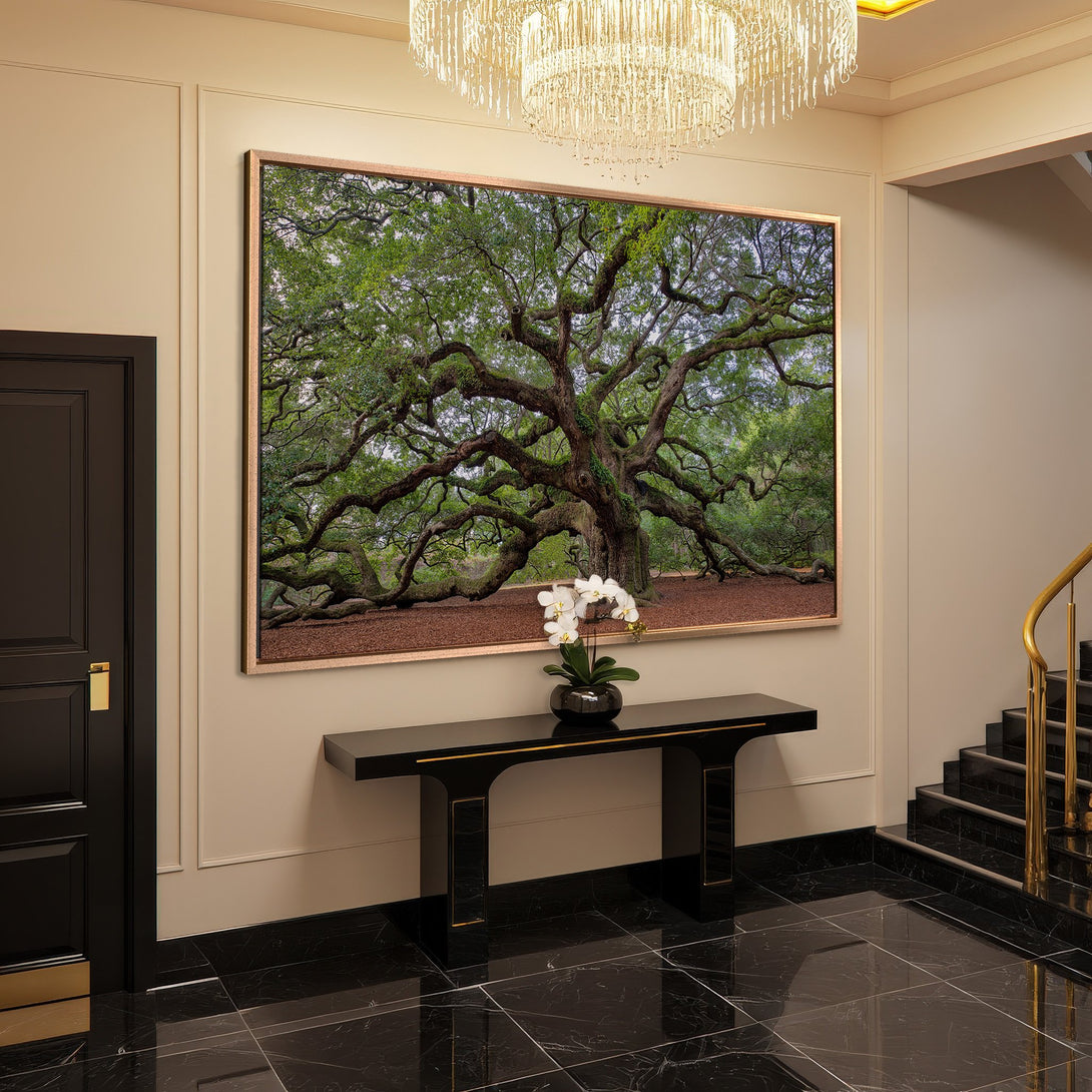 Framed Wall Art featuring a majestic tree in a green and brown color palette, creating a serene and elegant aesthetic for your home.