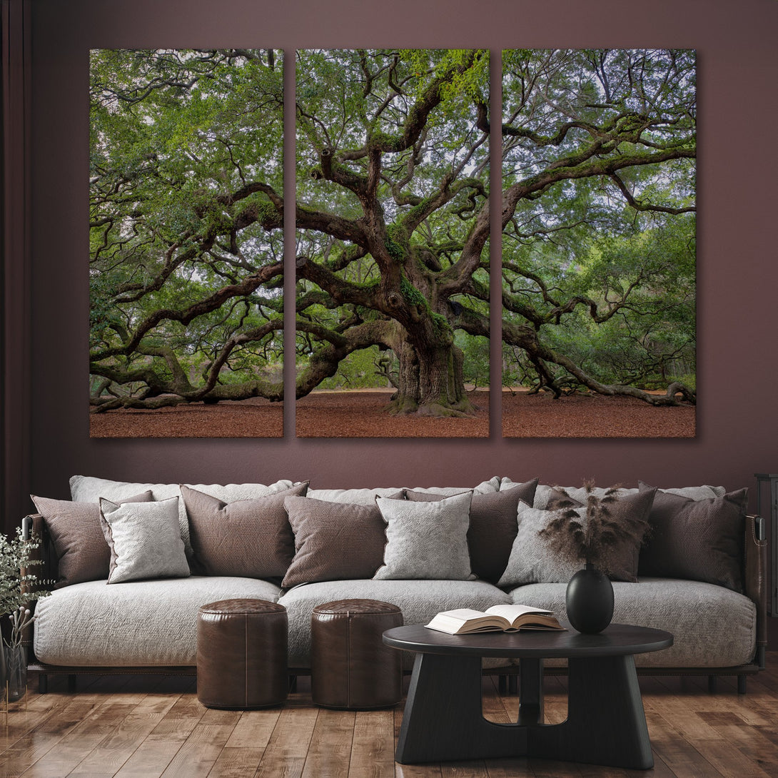 Canvas Print of majestic oak tree in a serene, natural setting. Earthy tones and lush greens create a calming, elegant wall art statement.