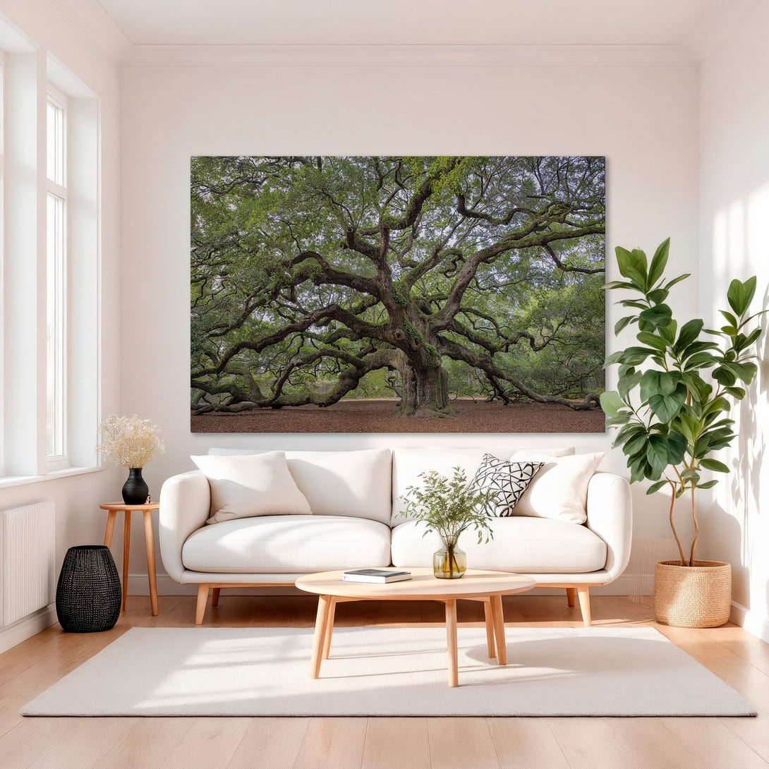 Framed Wall Art: Majestic tree canvas print in a gold frame. Earthy tones of green and brown, perfect for adding a touch of nature to your home decor.