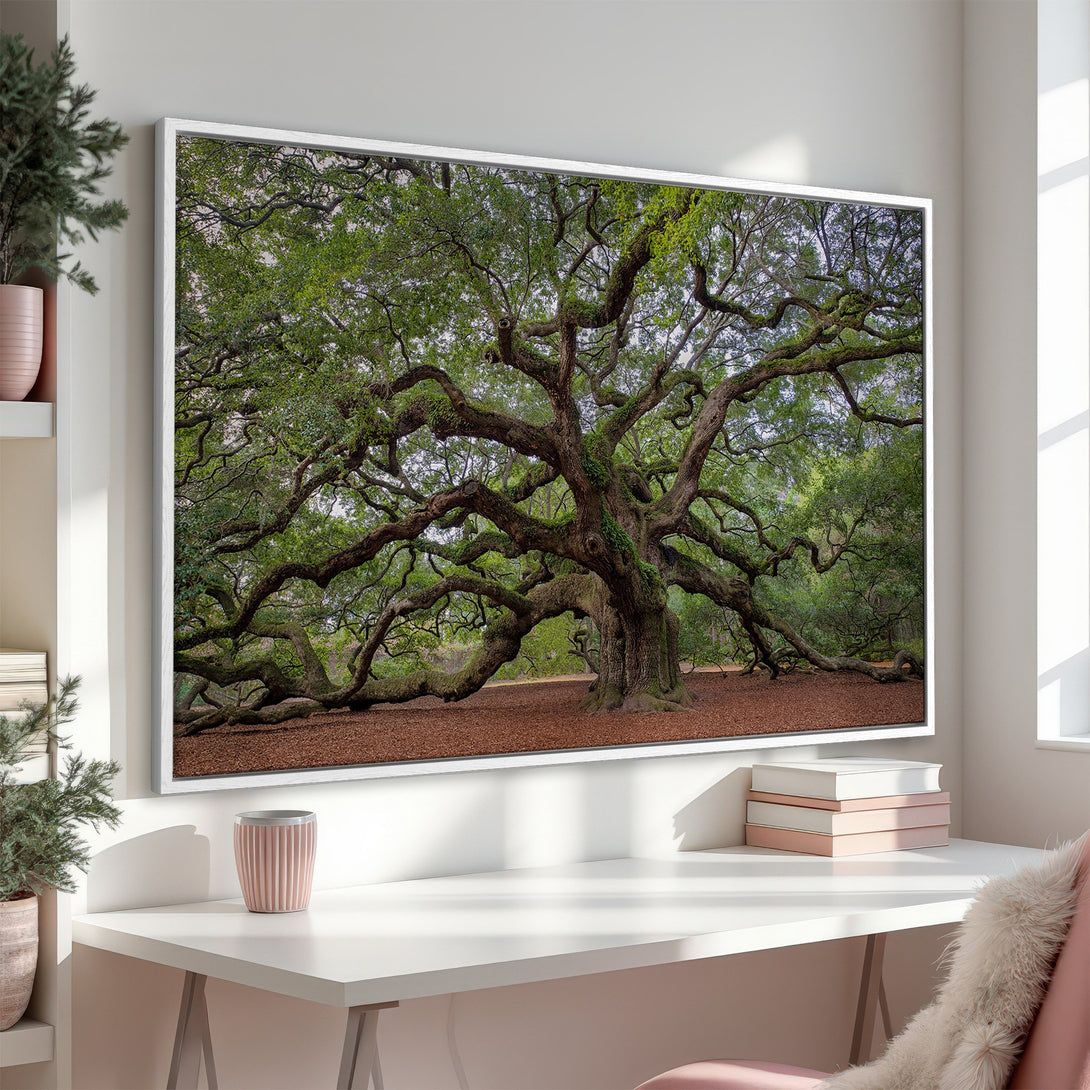 Framed Wall Art: Majestic tree print in a white frame. Earthy tones of green, brown, and white create a calming, natural aesthetic for your home decor.