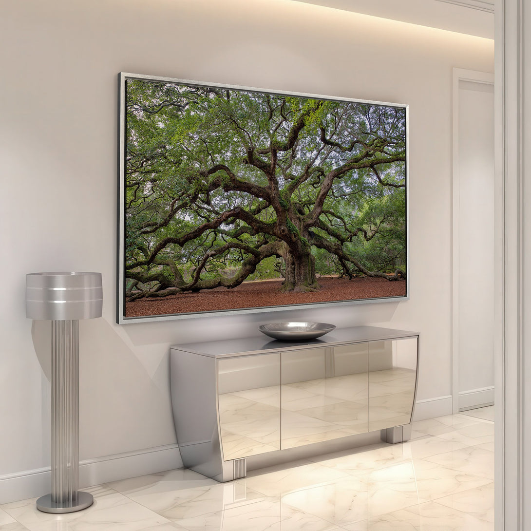 Framed Wall Art featuring a majestic tree in a green and brown palette. Bring nature's beauty indoors with this stunning Canvas Print!