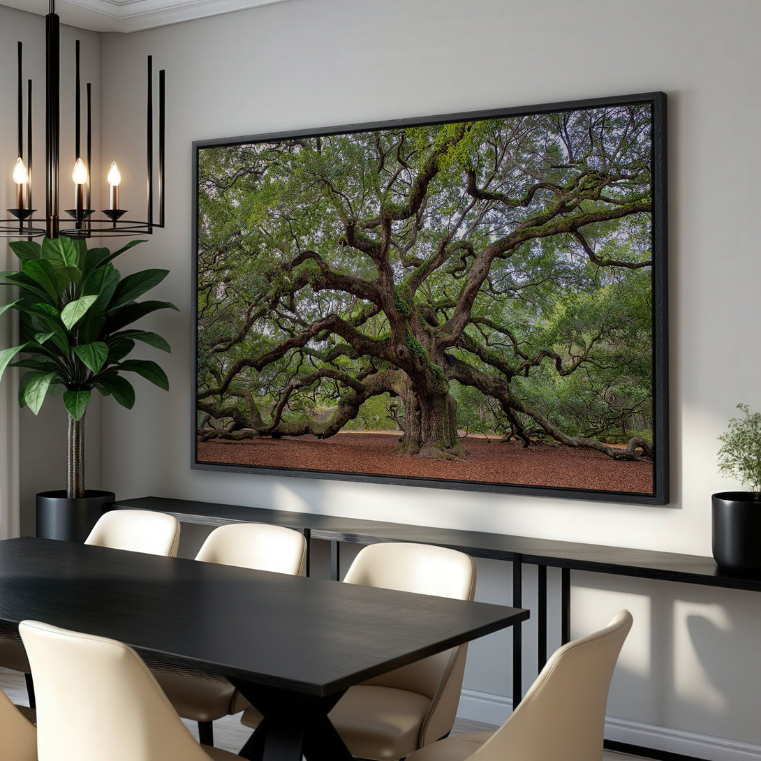 Framed Wall Art: Majestic tree canvas print in a dining room. Earthy tones of green, brown, and gray create a calming, natural aesthetic for your home.
