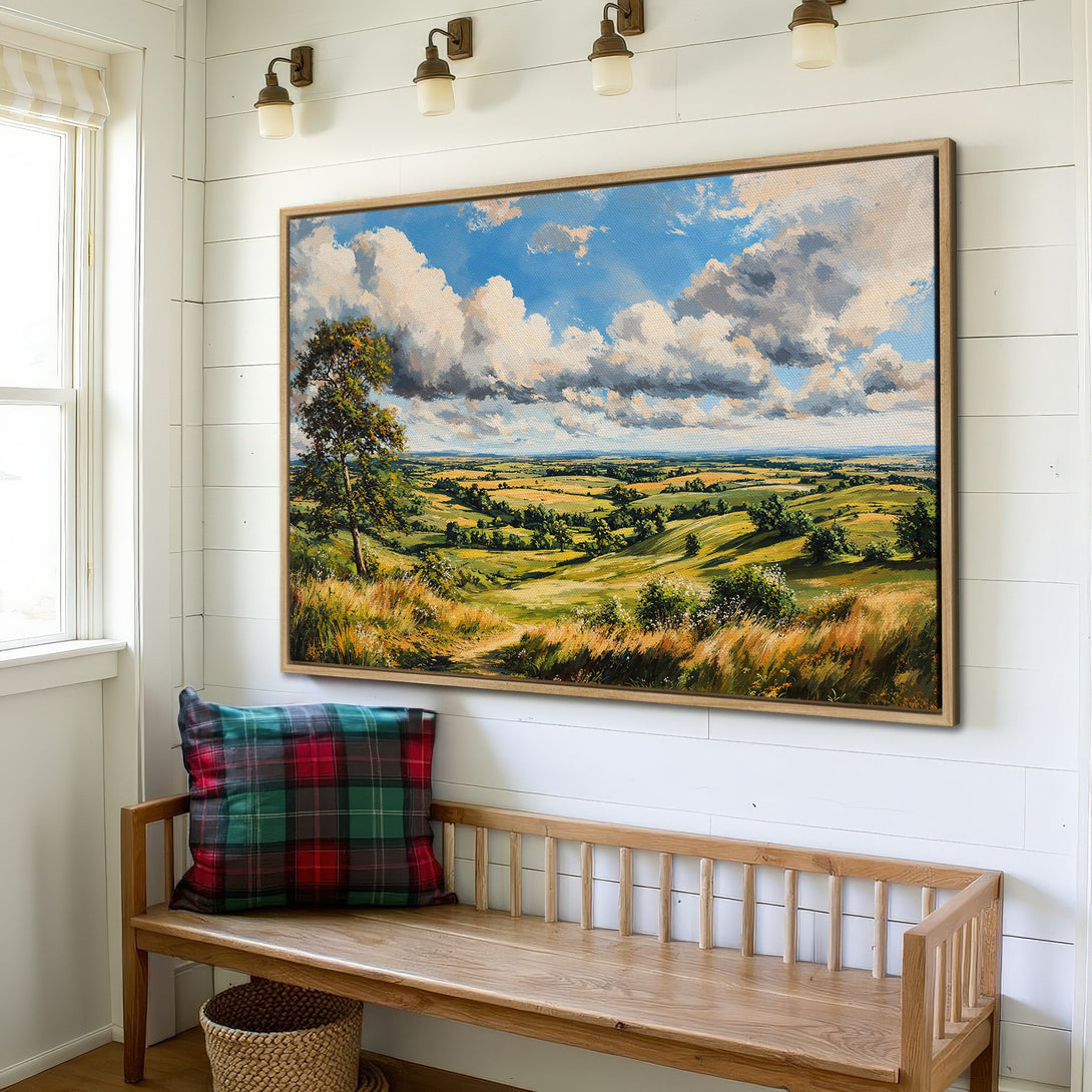 Framed Wall Art: Stunning landscape Canvas Print with a vibrant blue sky, rolling green hills, and warm yellow accents. Perfect for adding a touch of nature to your home!