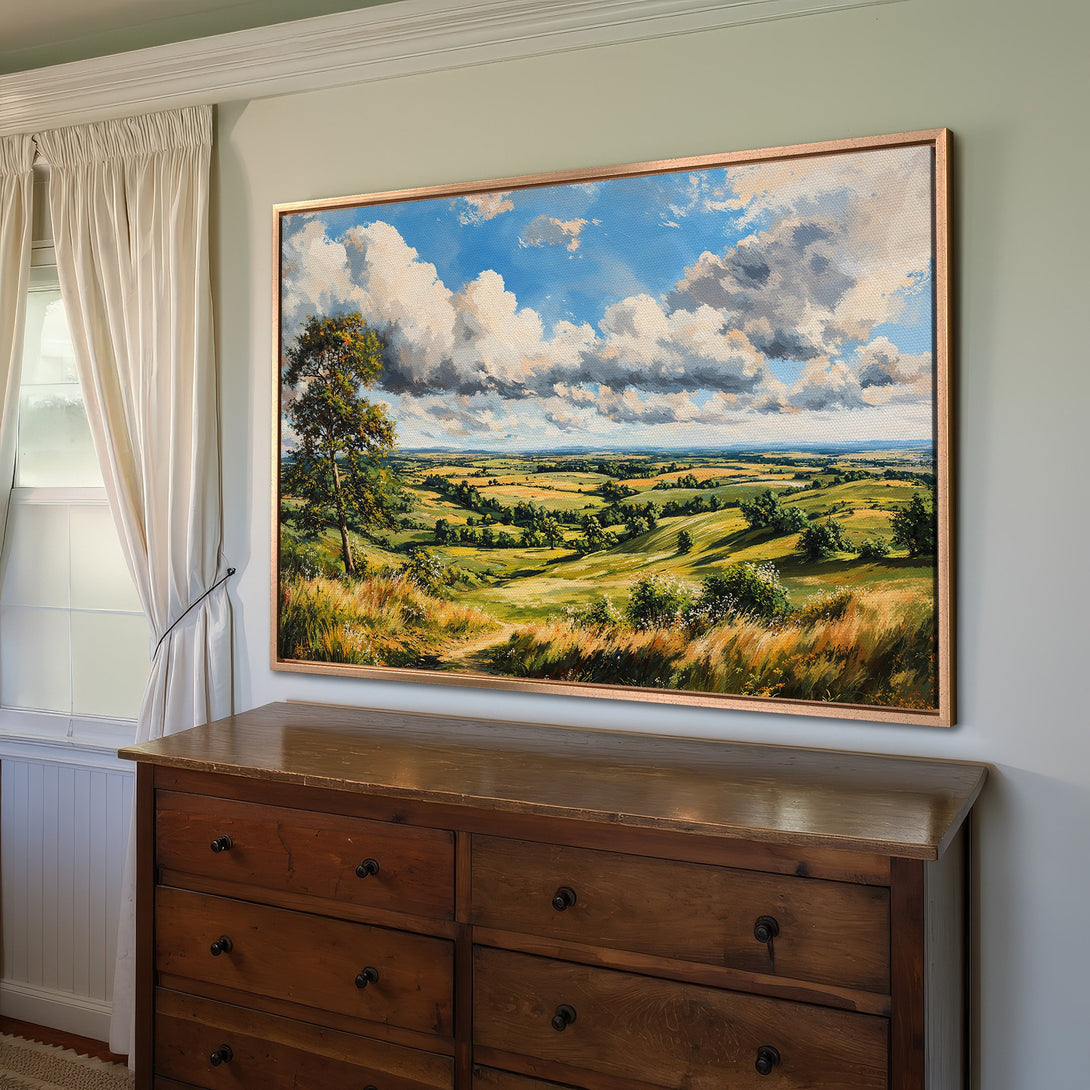 Framed Wall Art: Landscape painting in warm yellow, green, and blue tones. Impressionistic style Canvas Print of a scenic countryside view.