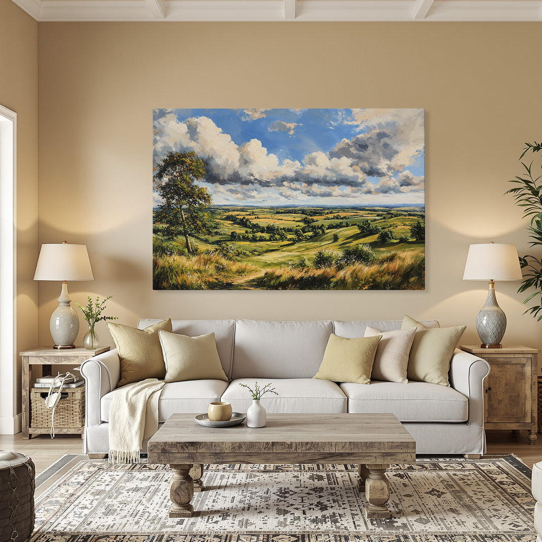 Framed Wall Art: Landscape painting with blue skies, green fields, and golden frame. Classic art in a warm, inviting interior.