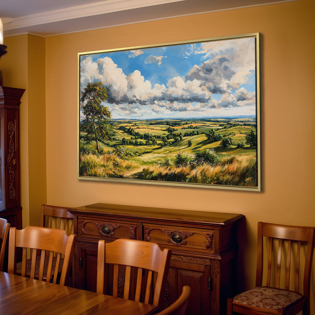 Canvas Print of a serene landscape painting with a blue sky and green fields. Warm, inviting color palette perfect for home decor.