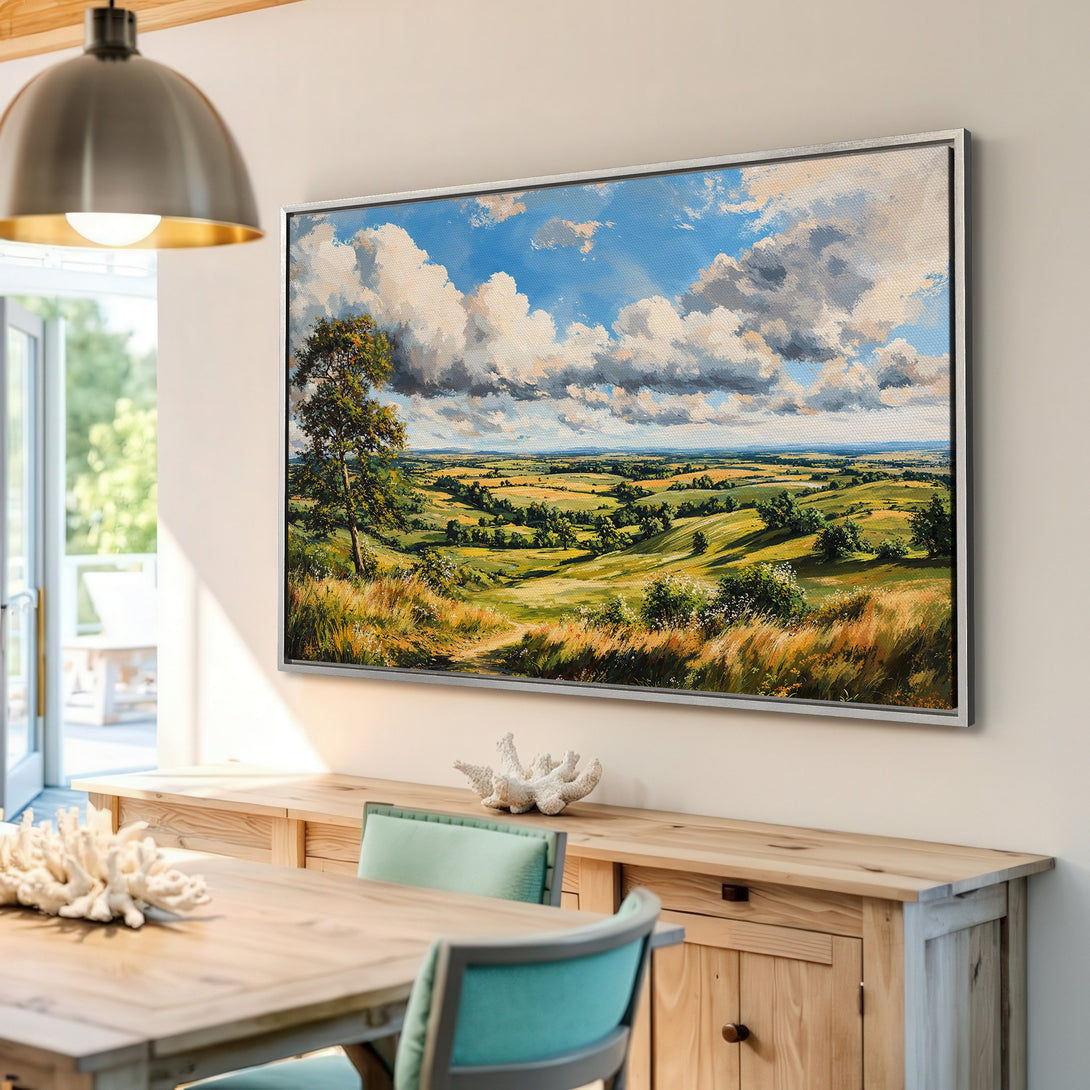 Framed Wall Art: Landscape Canvas Print with blue sky, green and gold fields, and a touch of impressionism. Perfect for home decor!