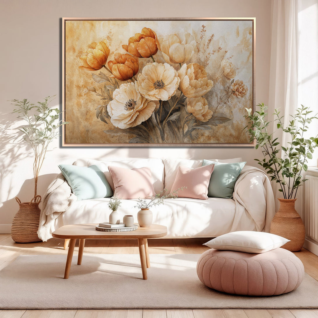 Framed Wall Art: Watercolor floral print in warm tones. Adds a touch of elegance to any space. Perfect for living rooms and bedrooms.